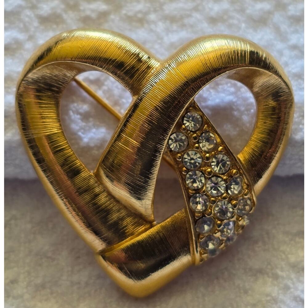 Monet Gold Tone Double Heart Rhinestone Brooch Signed Love Pin